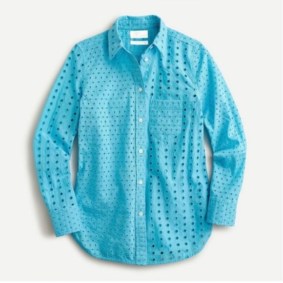 J. Crew‎ Classic Fit Eyelet Shirt Blue Button up AW837 Size 00 - Picture 1 of 6